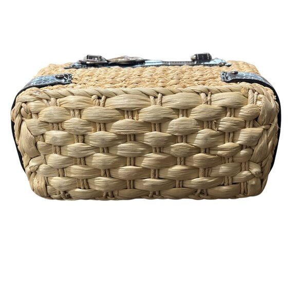 Brighton Cody Woven Straw Tote Bag Black-Leather-Trim Basket Weave Floral-Inside - Picture 5 of 7